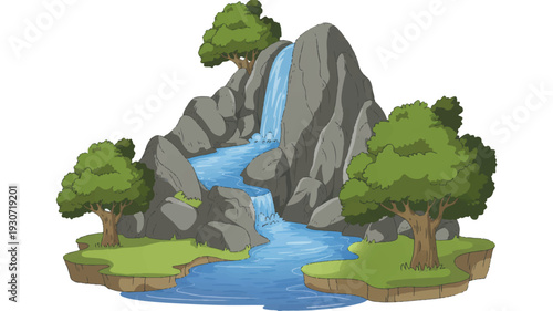 A digital illustration of a scenic waterfall landscape with a large gray rocky cliff face (2)_traced