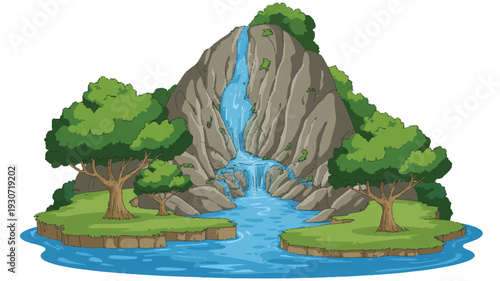 A digital illustration of a scenic waterfall landscape with a large gray rocky cliff face (1)_traced