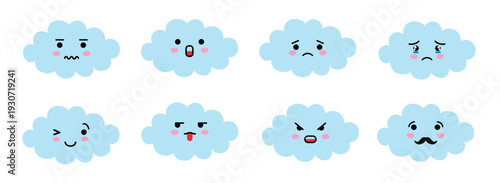 set of cloud shaped emoji with different mood kawaii cute 