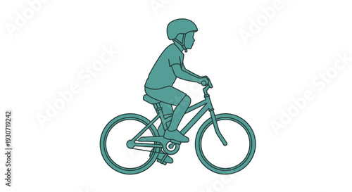 A teal line drawing depicts a child riding a bicycle silhouette