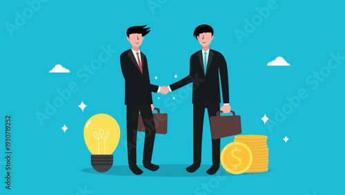 Businessmen handshake and idea exchange concept vector illustration. Corporate investment and startup funding agreement.