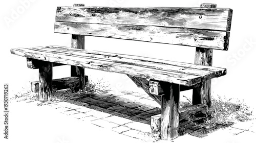 Black and white drawing of a rustic wooden park bench, with backrest, and legs, outdoors
