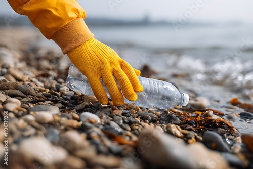 Volunteer cleaning beach removing plastic bottle pollution
