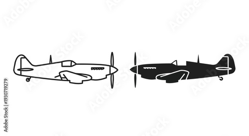 Side views of a vintage world war two fighter plane silhouette