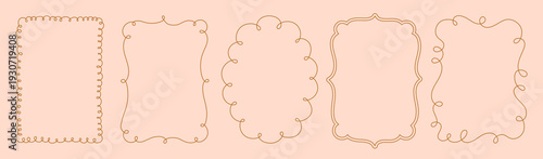 Hand drawn squiggle frame collection. Wavy, curly doodle frames set. Girly coquette line art borders on pink background.
