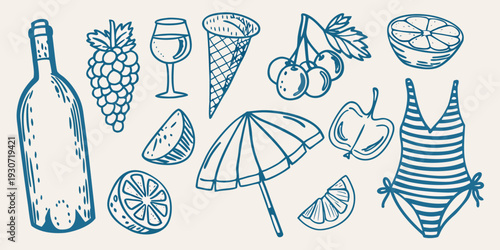 Summer themed doodles including drinks fruit swimwear and beach items