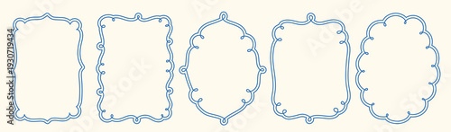 Vintage hand drawn wavy doodle frames. Squiggly, curly line scallop doodles. Retro coastal Mediterranean style borders.