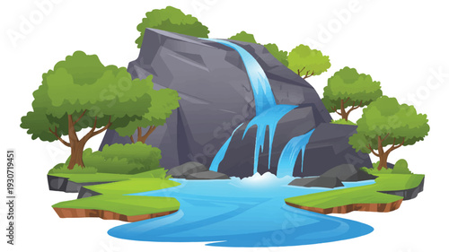 A digital illustration of a scenic waterfall landscape with a large gray rocky cliff face (4)_traced