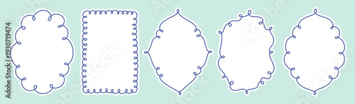 Vintage hand drawn wavy doodle frames. Squiggly, curly blue line art doodle frames. Retro coastal style borders set.