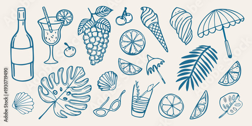 Summer themed doodles including fruits drinks and beach accessories