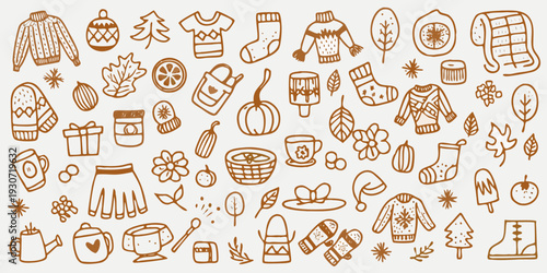 Autumn and winter themed doodles sweaters leaves and cozy items