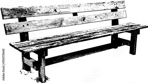 A weathered wooden park bench illustration with a textured seat and back, isolated on white