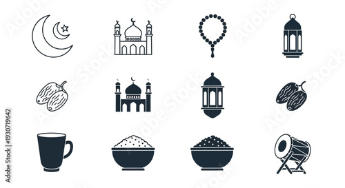 Islamic symbols and traditional elements depicted in dark silhouette