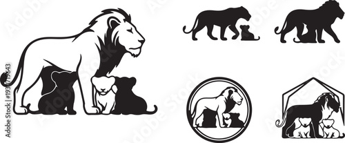 Majestic male lion silhouette with detailed mane, walking wild animal profile, black predator vector illustration isolated on white background for safari and wildlife design