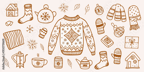 Hand drawn winter and holiday themed objects in warm brown tones
