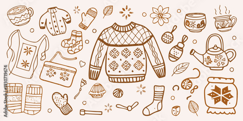A collection of hand drawn winter clothing and cozy decorative items