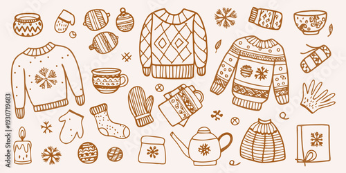 Hand drawn collection of cozy winter items and festive decorations