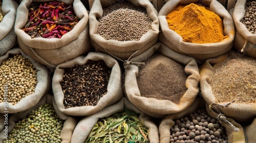 A variety of spices in burlap sacks arranged neatly. The scene showcases colorful spices like turmeric, cumin, and coriander, highlighting culinary diversity.