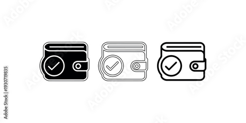 Wallet icons with checkmark symbol indicating successful payment or verified account status in solid black and outline styles for financial interfaces use