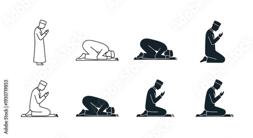 Praying muslim man in various positions a striking black silhouette