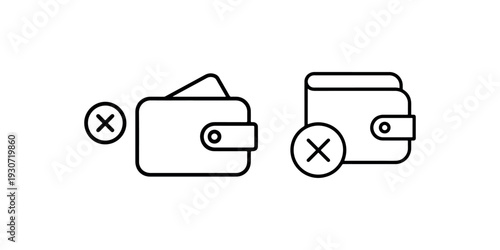 wallet with an x mark icon in two variations, thin and bold outline, representing declined transaction or unavailable digital currency concept