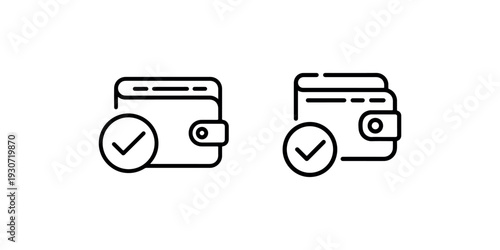 wallet with a check mark icon in two variations, thin and bold outline, representing a successful transaction or approved digital currency