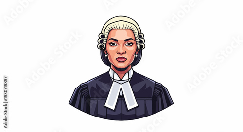 Illustration of a female judge wearing a traditional wig and robe against a white background with a serious expression.
