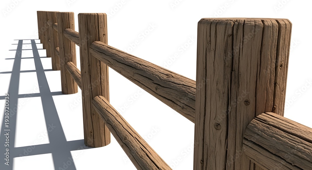 Obraz premium Rustic wooden fence with thick posts and rails showing weathered texture and strong shadow lines against white background