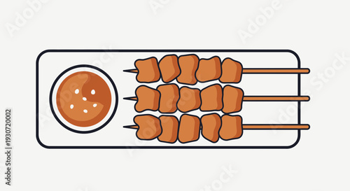 Grilled meat skewers with dipping sauce on a rectangular plate viewed from directly above