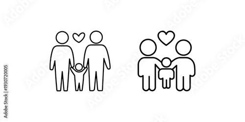 Family outline icons showing parents with child and heart symbol representative of love and care in minimalist vector style for community related projects