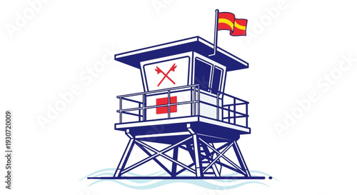 Lifeguard tower standing on beach with flag waving, viewed from the side, illustration