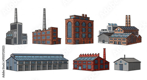 Industrial Buildings and Factories Illustration Set.