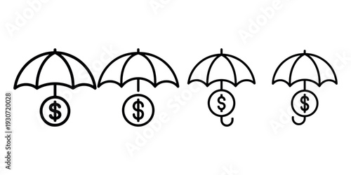 Financial insurance and money protection icons showing umbrella over dollar coin symbol in minimalist linear vector style for banking and investment safety