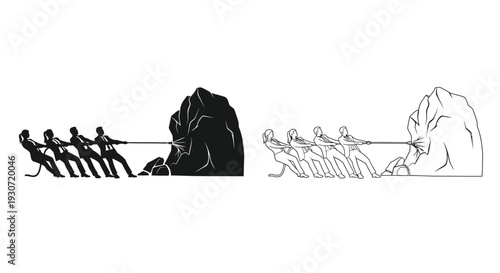Two teams engaged in a tug of war against large rocks silhouette