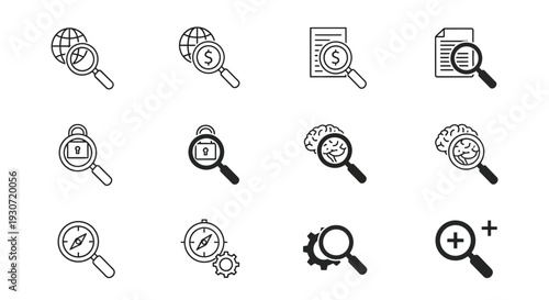 Black and white line icons depicting global business and research silhouette