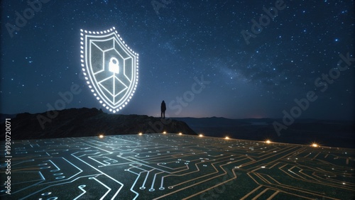 A person stands under a starry night sky with a glowing digital shield symbolizing cybersecurity and data protection over a futuristic circuit board landscape.