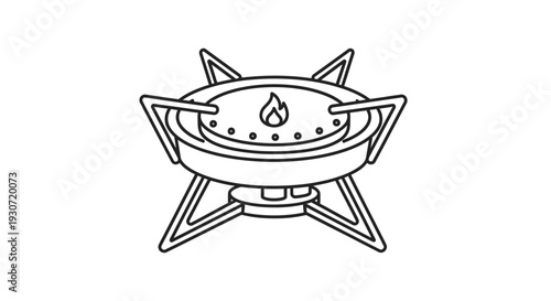 A camping stove with a flame burning on a three-legged stand viewed from the front in a simple line art style