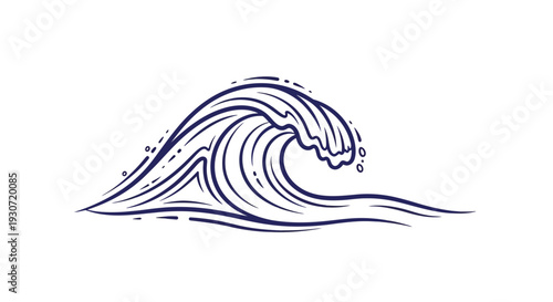 A large ocean wave illustration with dynamic motion and splashing water, depicted in a simple line art style from a side viewpoint