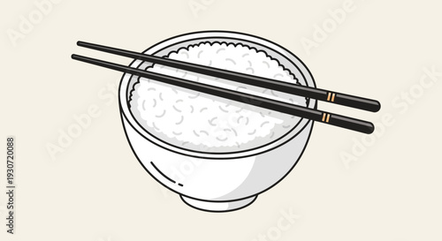A bowl of white rice with chopsticks resting on top, viewed from directly above in a minimalist illustration style
