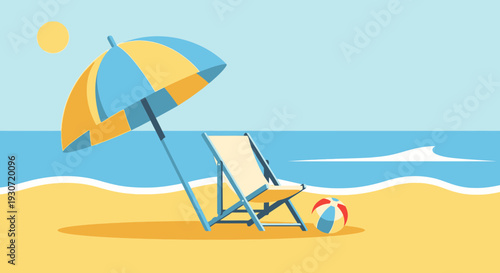 A serene beach scene with a deckchair and umbrella on the sandy shore, captured from a distant viewpoint on a sunny day.