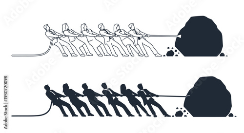Teamwork concept featuring people pulling a large rock a striking silhouette