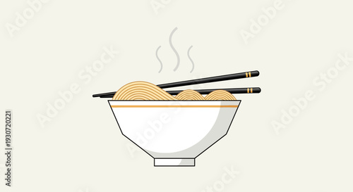 A steaming bowl of noodles served with chopsticks, illustration of Asian cuisine.