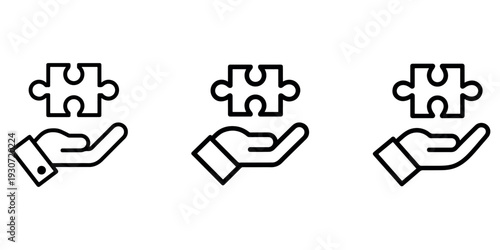 Hand holding puzzle piece icon for solution, problem solving and support concept illustration