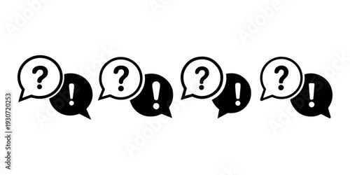 Question and exclamation mark speech bubble icons with black fill and white outline for help support faq information communication and assistance design