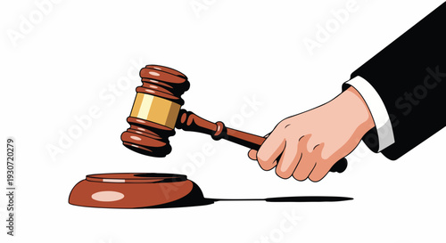 Illustration of a hand in a business suit holding a wooden gavel over a sound block on a white background.