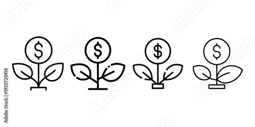 Money plant icons showing financial growth and investment symbols with dollar coins and leaves.