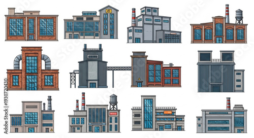 Industrial Buildings and Factories Illustration Set.