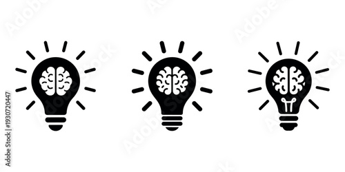 Brain lightbulb icon set representing creative thinking innovation intelligence smart idea development and mental power in minimalist black vector style