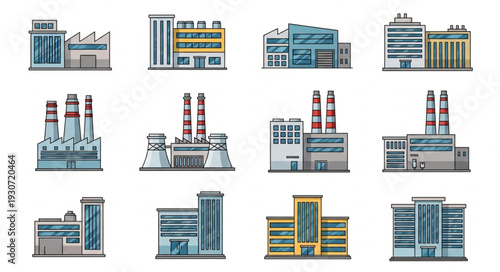 Industrial Buildings and Factories Illustration Set.