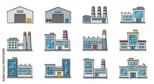 Industrial Buildings and Factories Illustration Set.